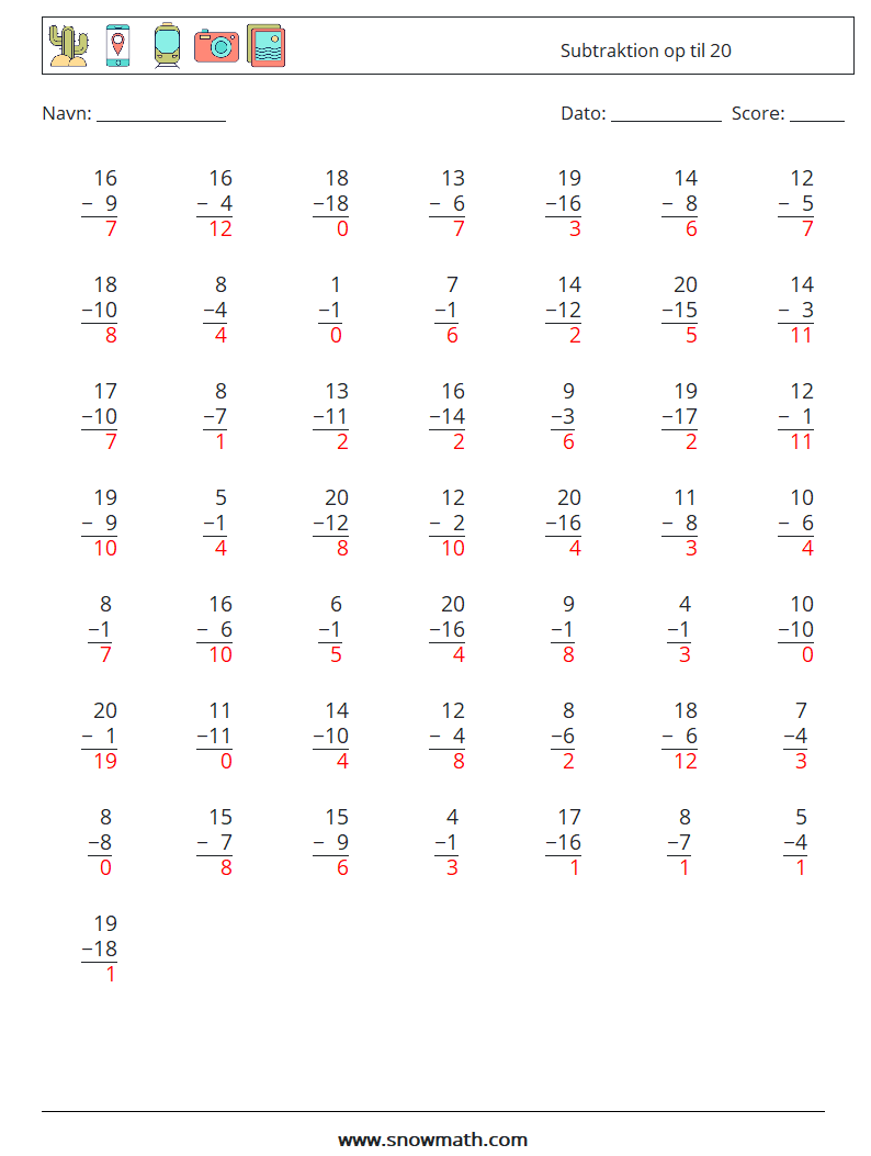 (50) Subtraktion op til 20 Matematiske regneark 10 Spørgsmål, svar