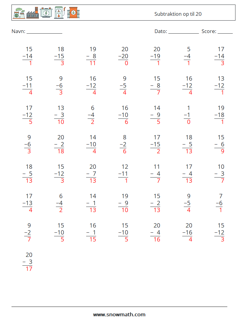 (50) Subtraktion op til 20 Matematiske regneark 11 Spørgsmål, svar