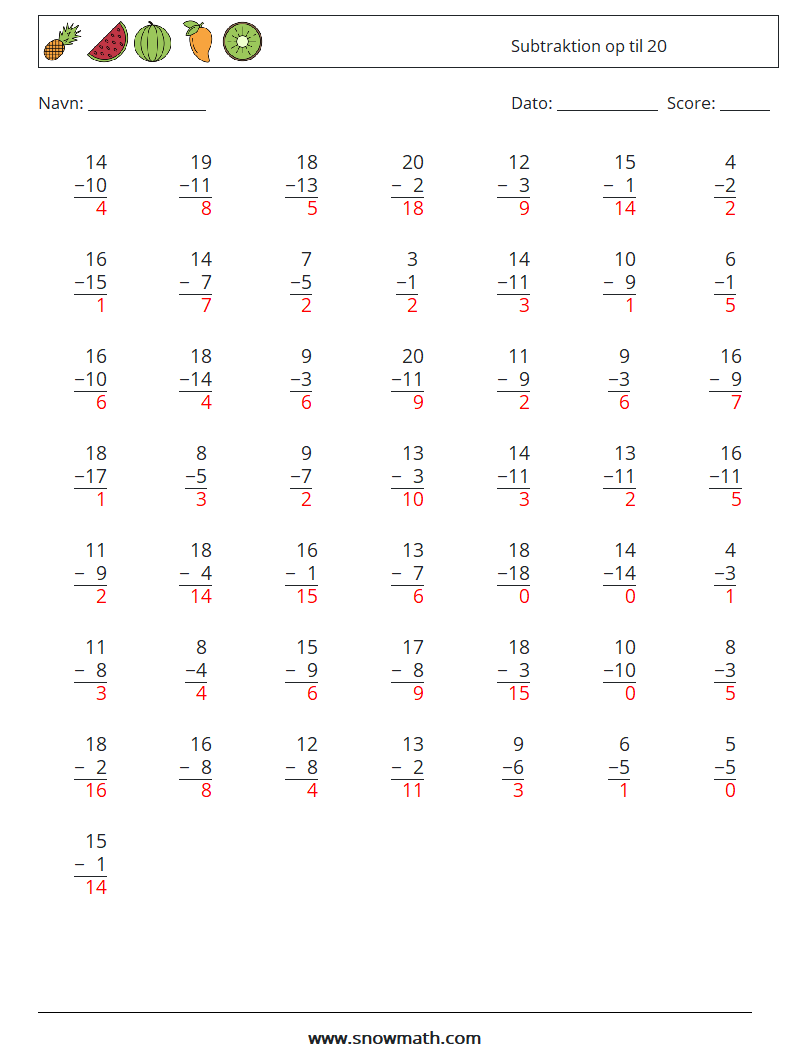 (50) Subtraktion op til 20 Matematiske regneark 12 Spørgsmål, svar