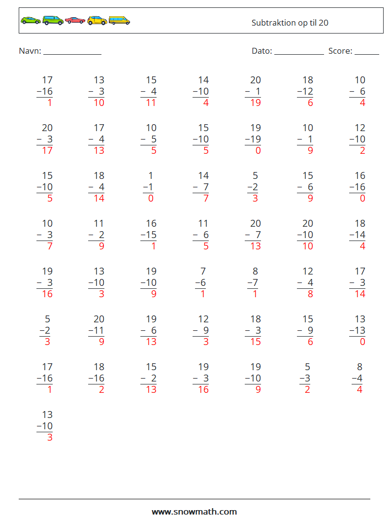 (50) Subtraktion op til 20 Matematiske regneark 13 Spørgsmål, svar