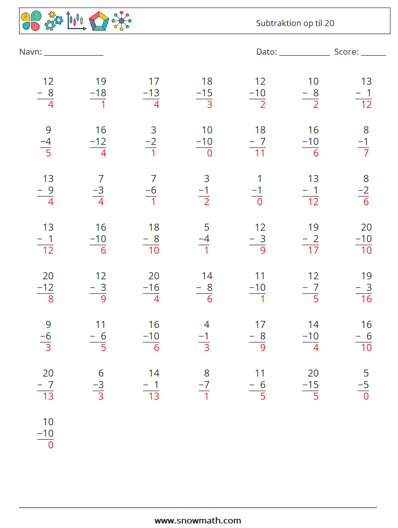 (50) Subtraktion op til 20 Matematiske regneark 14 Spørgsmål, svar