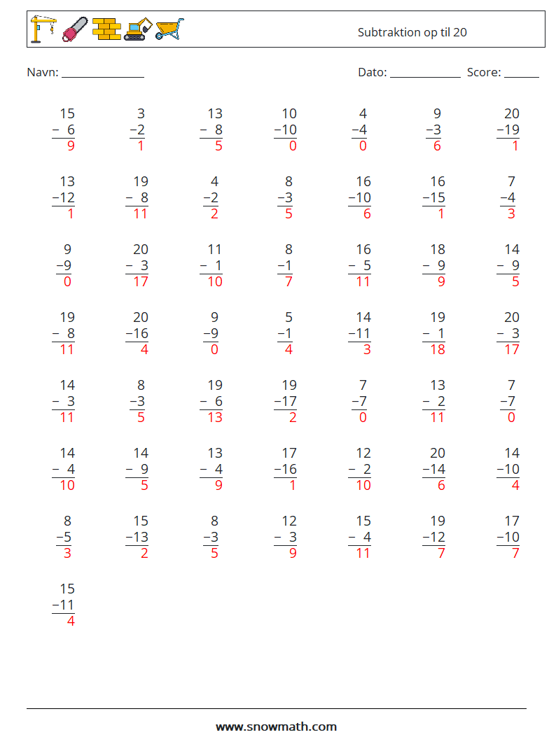 (50) Subtraktion op til 20 Matematiske regneark 15 Spørgsmål, svar