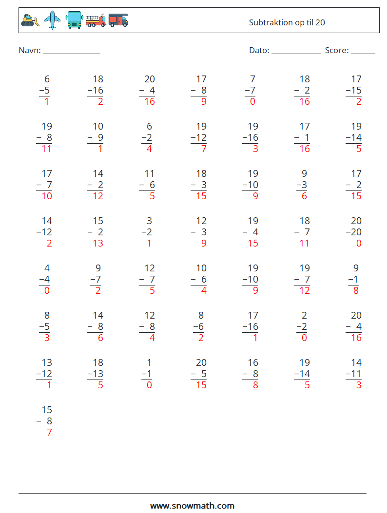 (50) Subtraktion op til 20 Matematiske regneark 16 Spørgsmål, svar