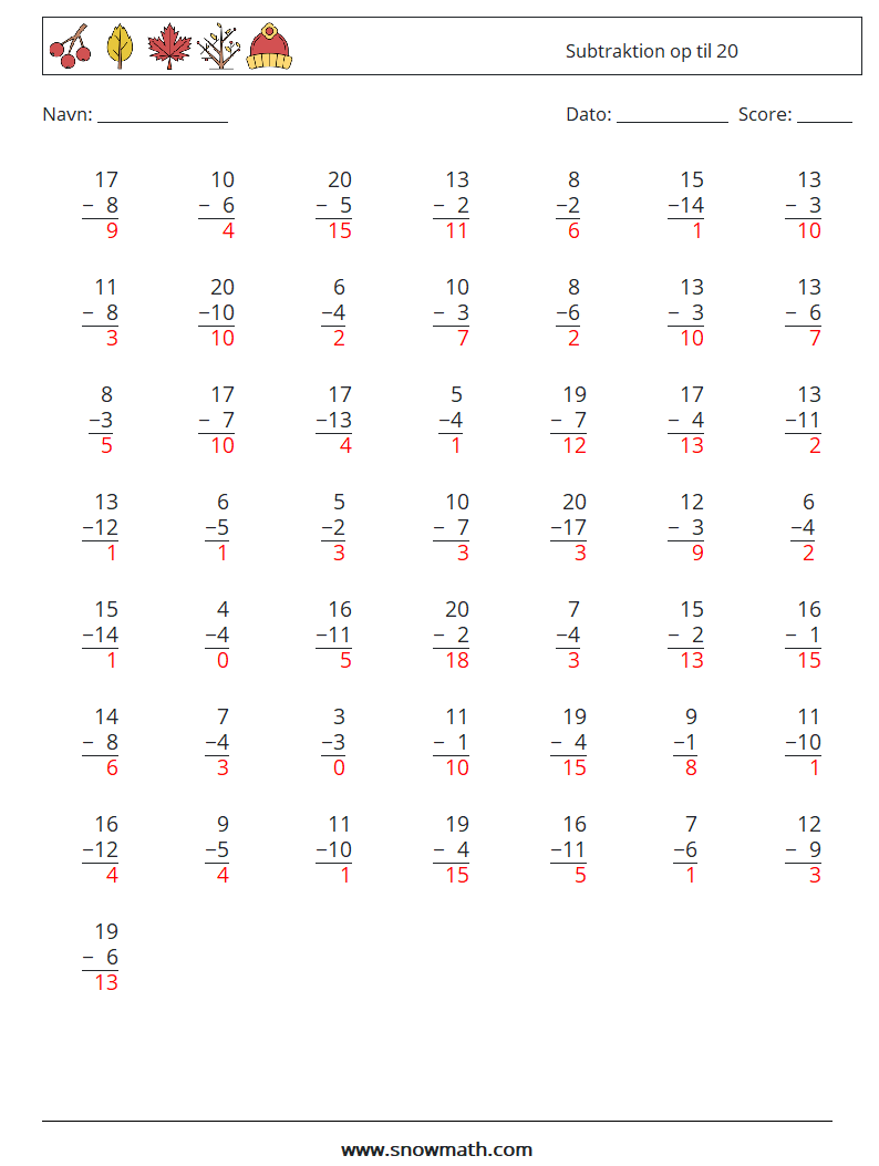 (50) Subtraktion op til 20 Matematiske regneark 17 Spørgsmål, svar