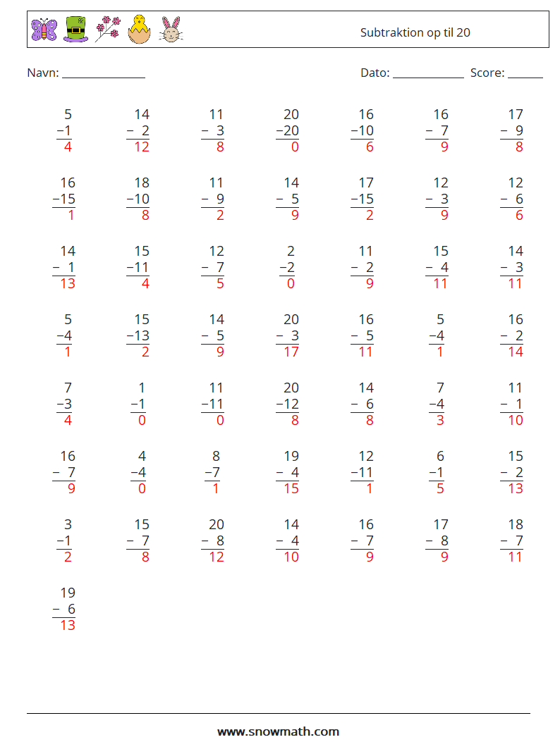 (50) Subtraktion op til 20 Matematiske regneark 18 Spørgsmål, svar