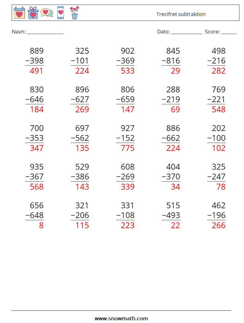 (25) Trecifret subtraktion Matematiske regneark 11 Spørgsmål, svar