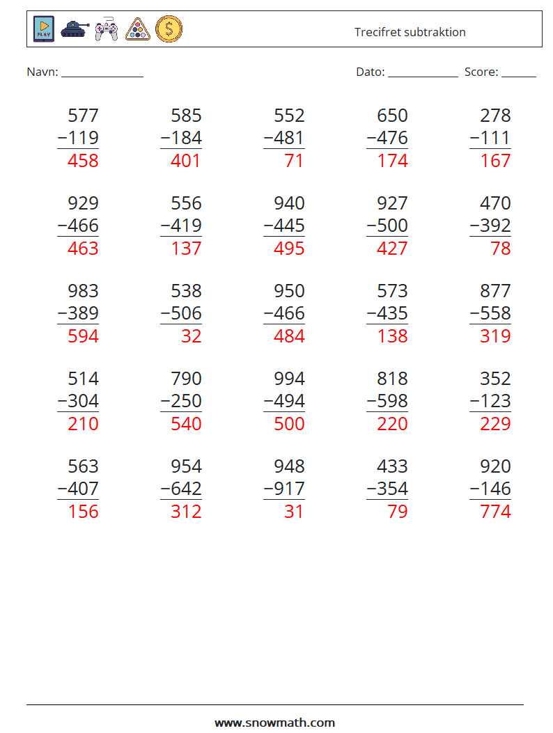 (25) Trecifret subtraktion Matematiske regneark 18 Spørgsmål, svar