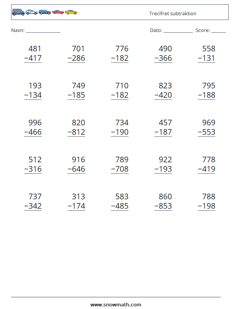 (25) Trecifret subtraktion Matematiske regneark 2