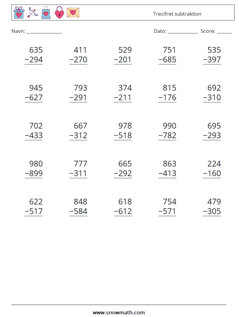 (25) Trecifret subtraktion Matematiske regneark 3