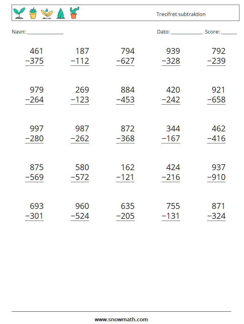 (25) Trecifret subtraktion Matematiske regneark 5