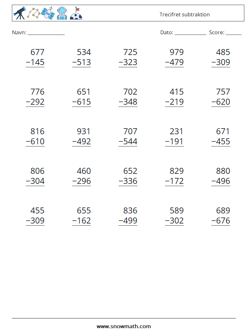(25) Trecifret subtraktion Matematiske regneark 9