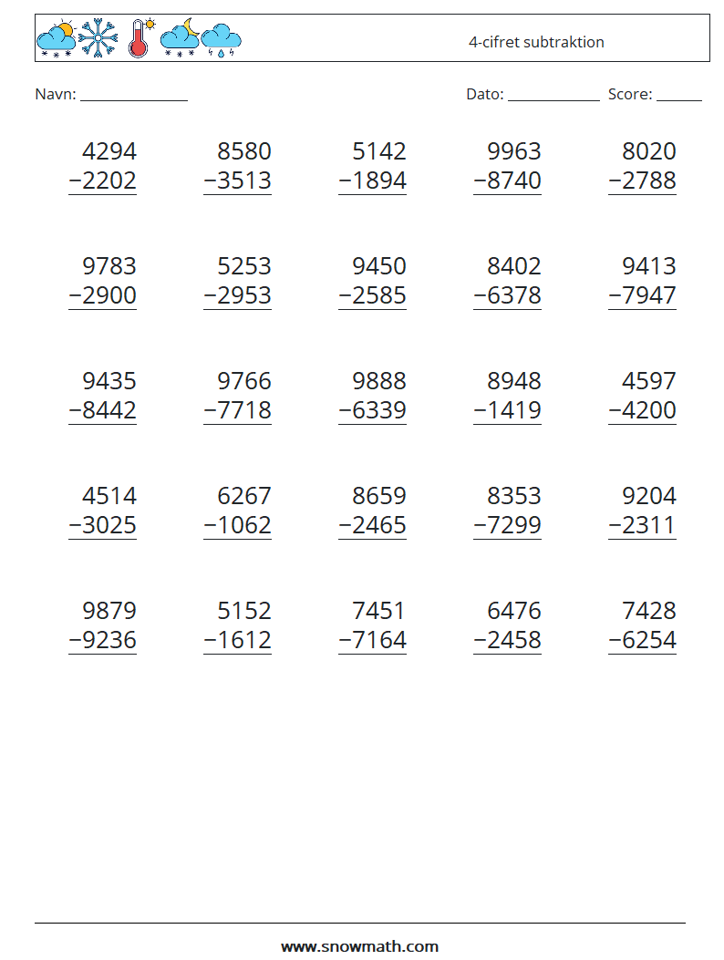 (25) 4-cifret subtraktion Matematiske regneark 11
