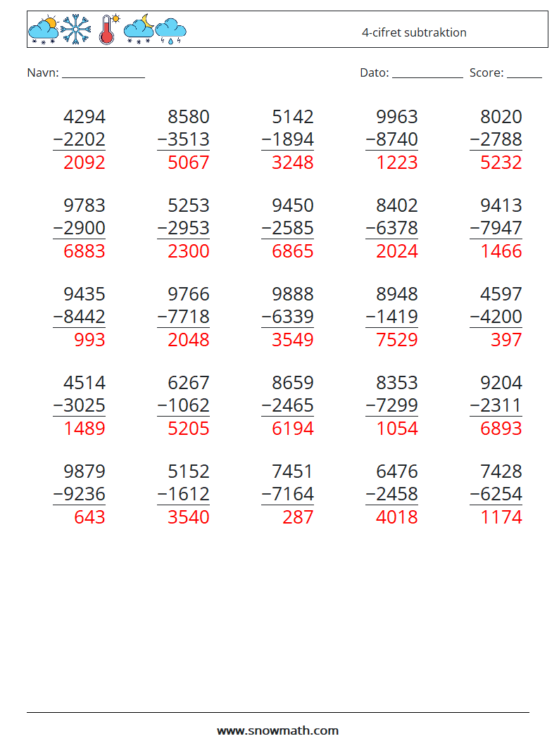 (25) 4-cifret subtraktion Matematiske regneark 11 Spørgsmål, svar