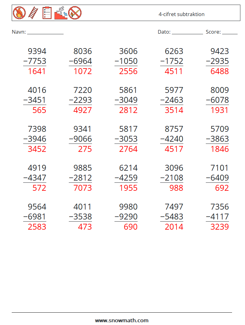 (25) 4-cifret subtraktion Matematiske regneark 13 Spørgsmål, svar