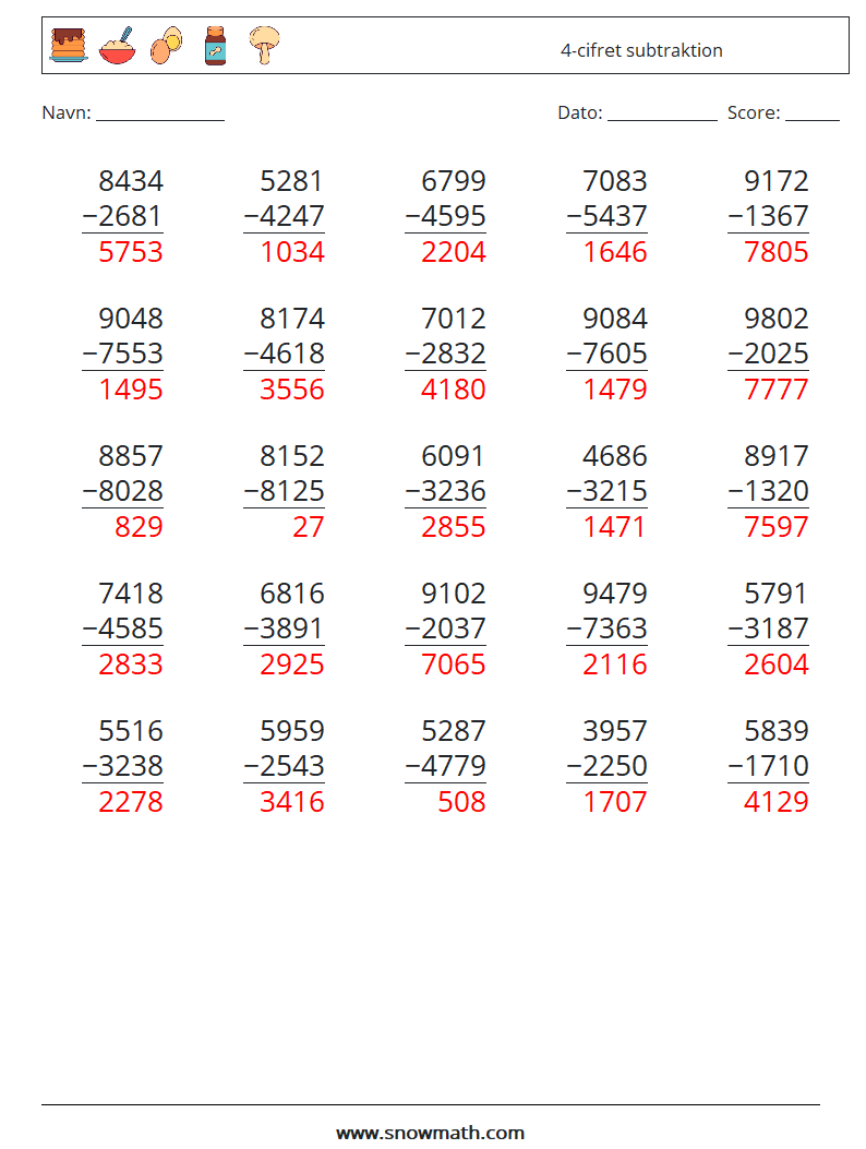 (25) 4-cifret subtraktion Matematiske regneark 17 Spørgsmål, svar