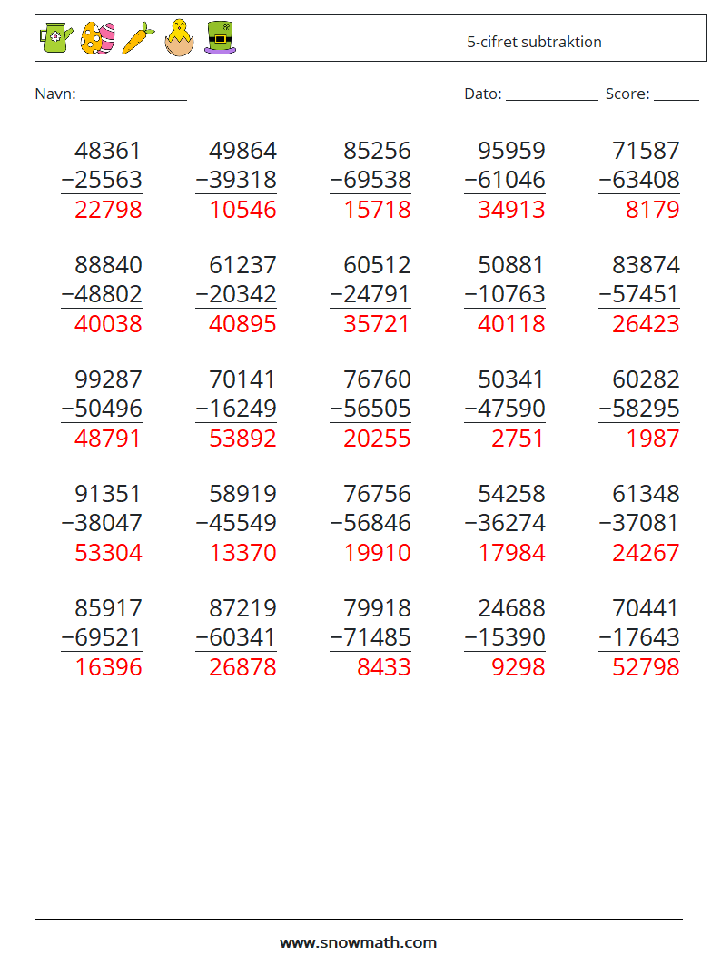 (25) 5-cifret subtraktion Matematiske regneark 10 Spørgsmål, svar