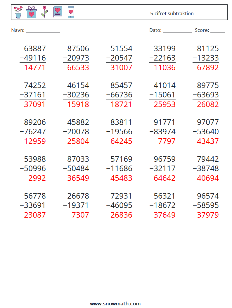 (25) 5-cifret subtraktion Matematiske regneark 12 Spørgsmål, svar