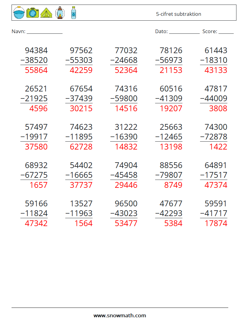 (25) 5-cifret subtraktion Matematiske regneark 14 Spørgsmål, svar