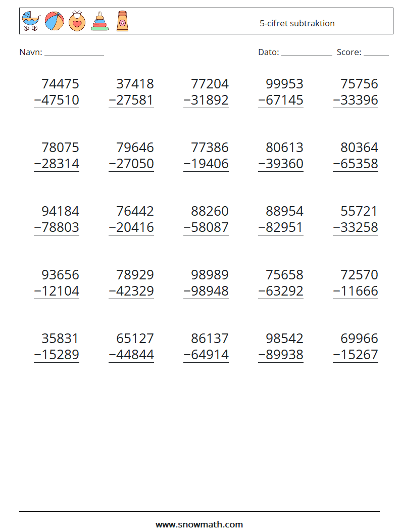 (25) 5-cifret subtraktion Matematiske regneark 6