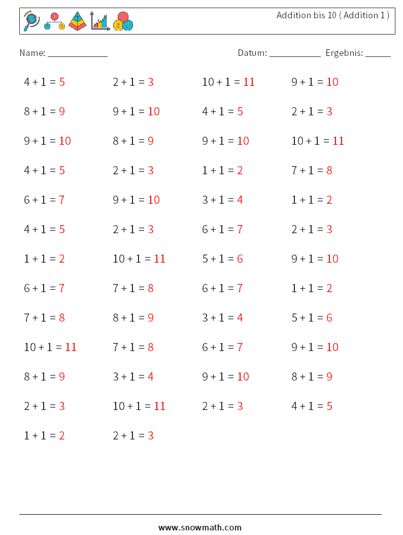 (50) Addition bis 10 ( Addition 1 ) Mathe-Arbeitsblätter 1 Frage, Antwort