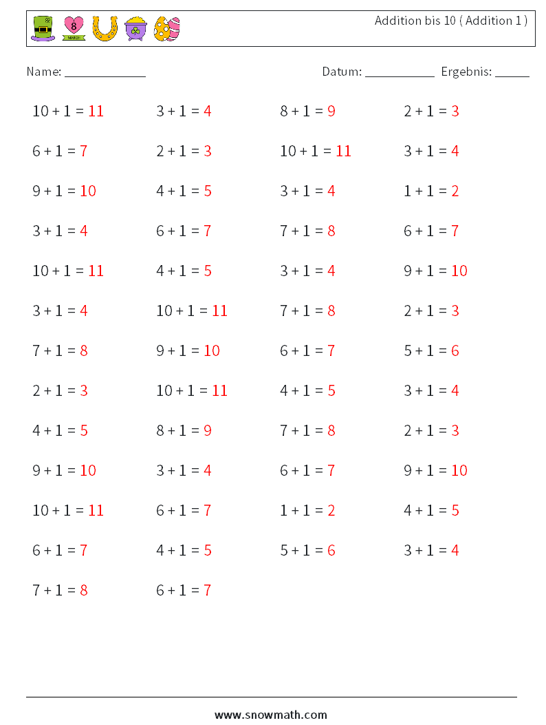 (50) Addition bis 10 ( Addition 1 ) Mathe-Arbeitsblätter 3 Frage, Antwort