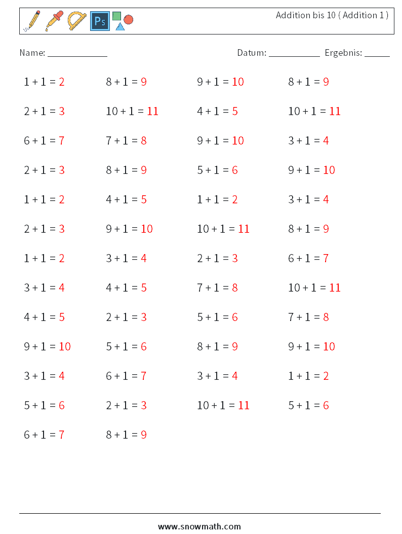 (50) Addition bis 10 ( Addition 1 ) Mathe-Arbeitsblätter 4 Frage, Antwort