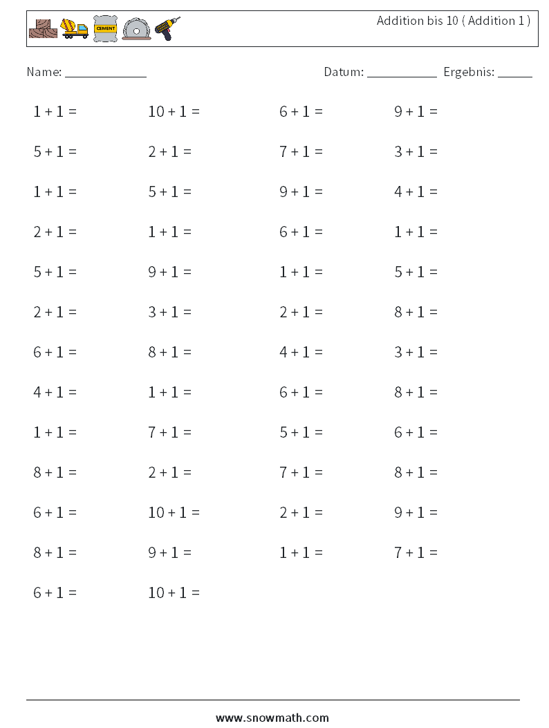 (50) Addition bis 10 ( Addition 1 ) Mathe-Arbeitsblätter 5