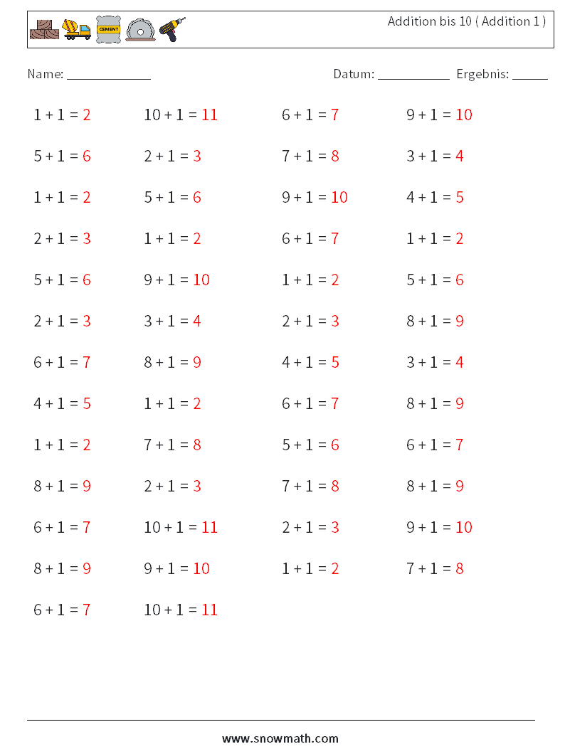 (50) Addition bis 10 ( Addition 1 ) Mathe-Arbeitsblätter 5 Frage, Antwort