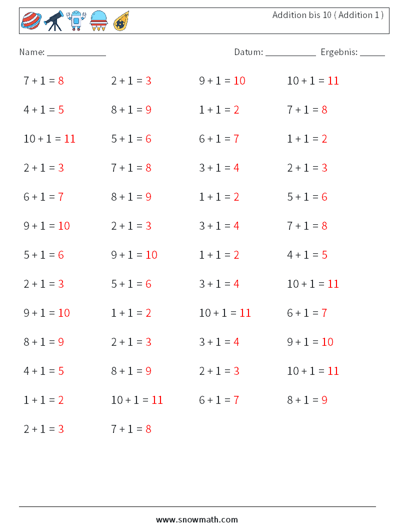 (50) Addition bis 10 ( Addition 1 ) Mathe-Arbeitsblätter 6 Frage, Antwort