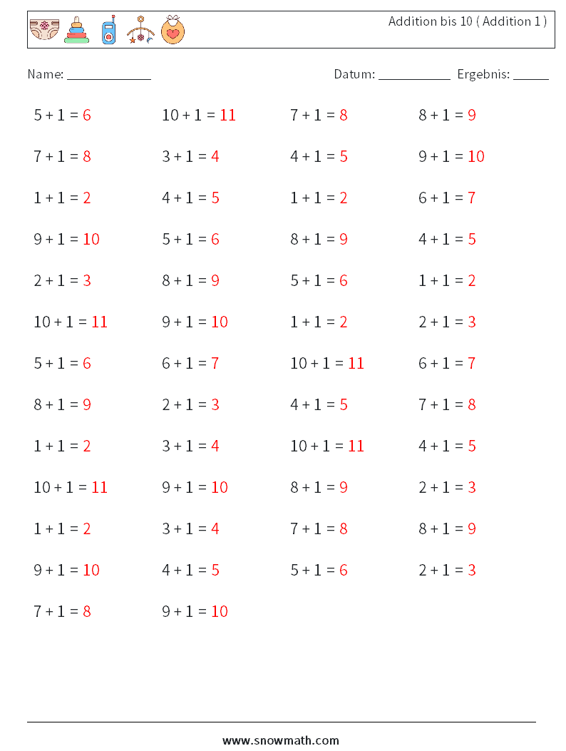 (50) Addition bis 10 ( Addition 1 ) Mathe-Arbeitsblätter 7 Frage, Antwort