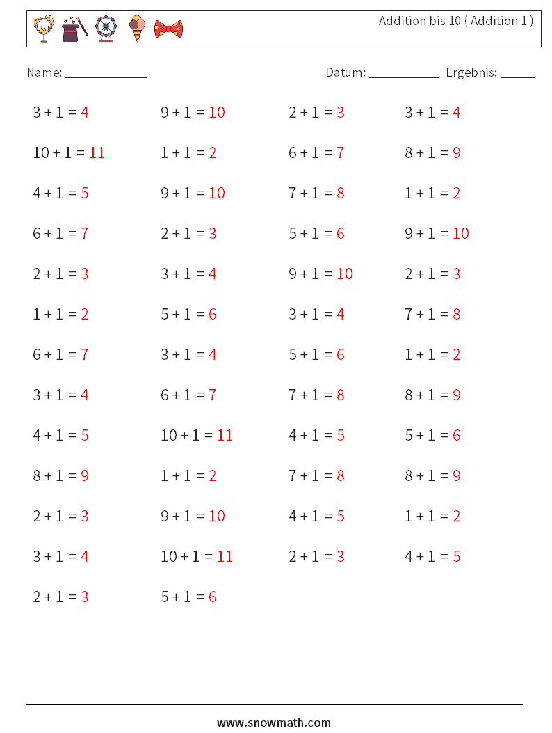 (50) Addition bis 10 ( Addition 1 ) Mathe-Arbeitsblätter 9 Frage, Antwort