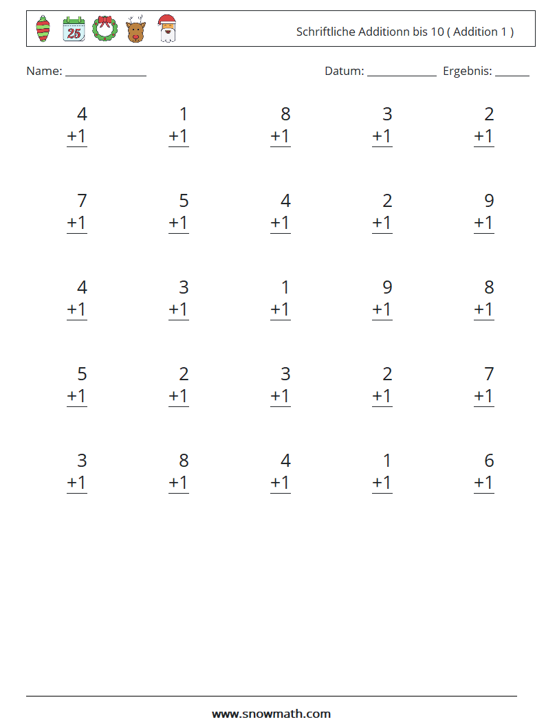 (25) Schriftliche Additionn bis 10 ( Addition 1 ) Mathe-Arbeitsblätter 2