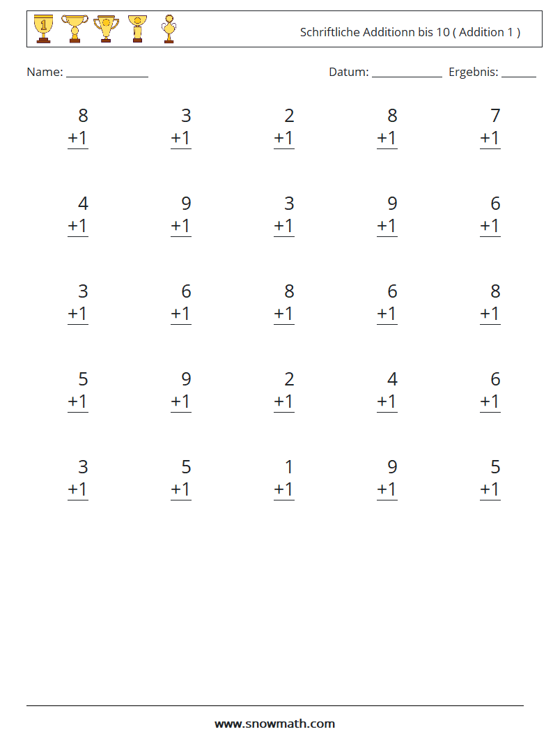 (25) Schriftliche Additionn bis 10 ( Addition 1 ) Mathe-Arbeitsblätter 3