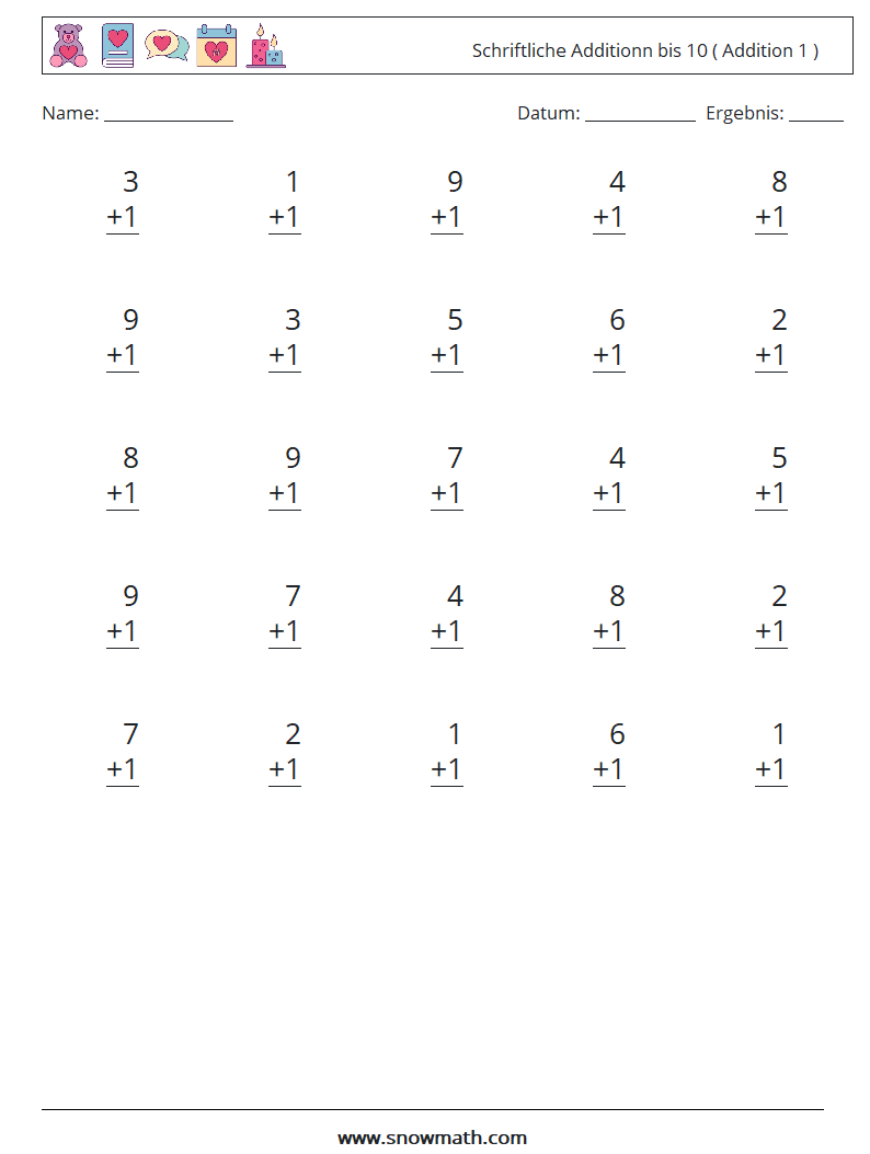 (25) Schriftliche Additionn bis 10 ( Addition 1 ) Mathe-Arbeitsblätter 4