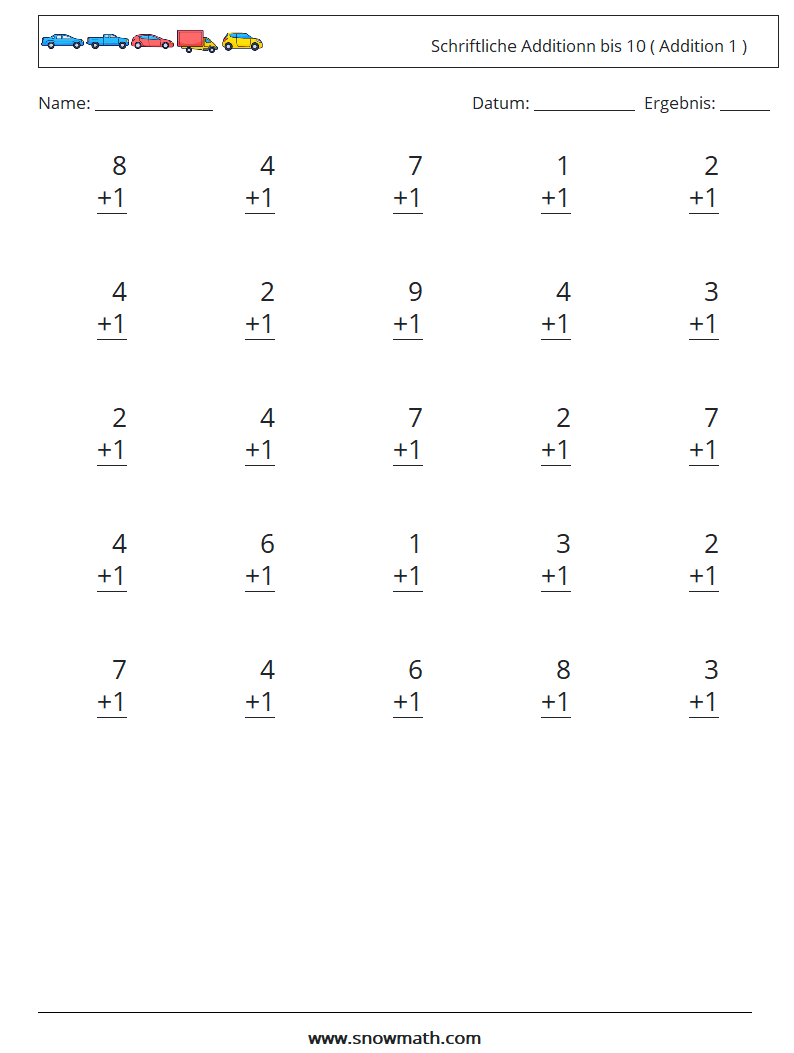 (25) Schriftliche Additionn bis 10 ( Addition 1 ) Mathe-Arbeitsblätter 6