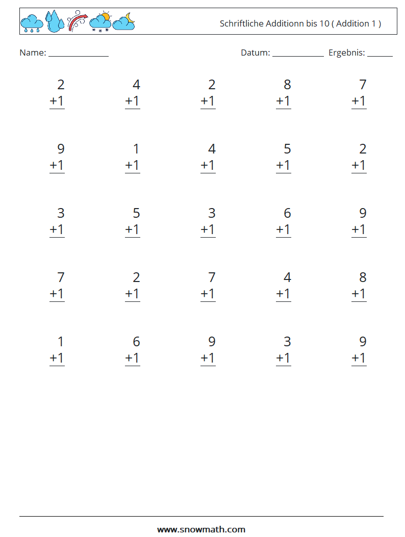 (25) Schriftliche Additionn bis 10 ( Addition 1 ) Mathe-Arbeitsblätter 7