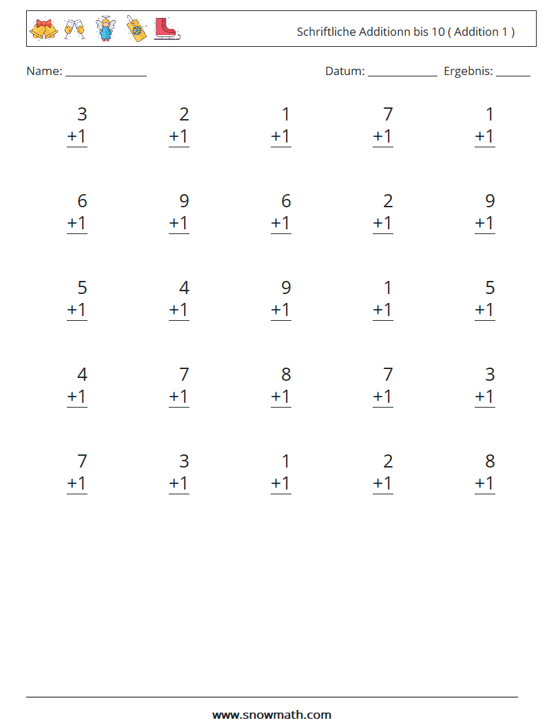 (25) Schriftliche Additionn bis 10 ( Addition 1 ) Mathe-Arbeitsblätter 9