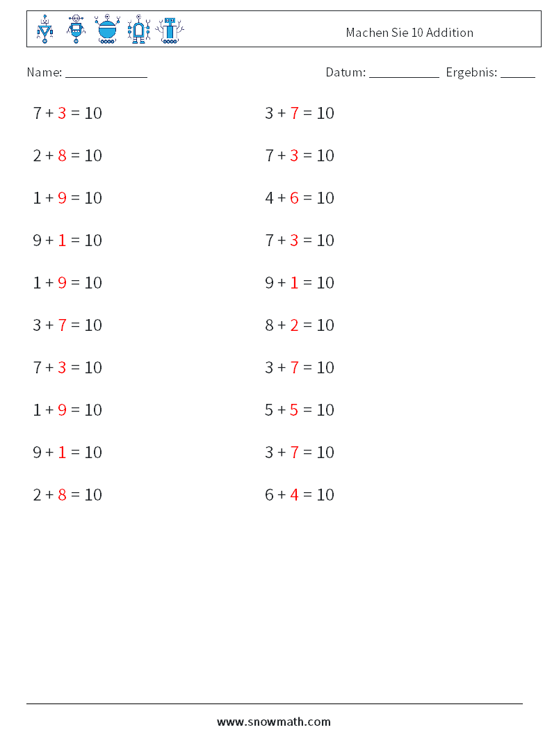 (20) Machen Sie 10 Addition Mathe-Arbeitsblätter 1 Frage, Antwort