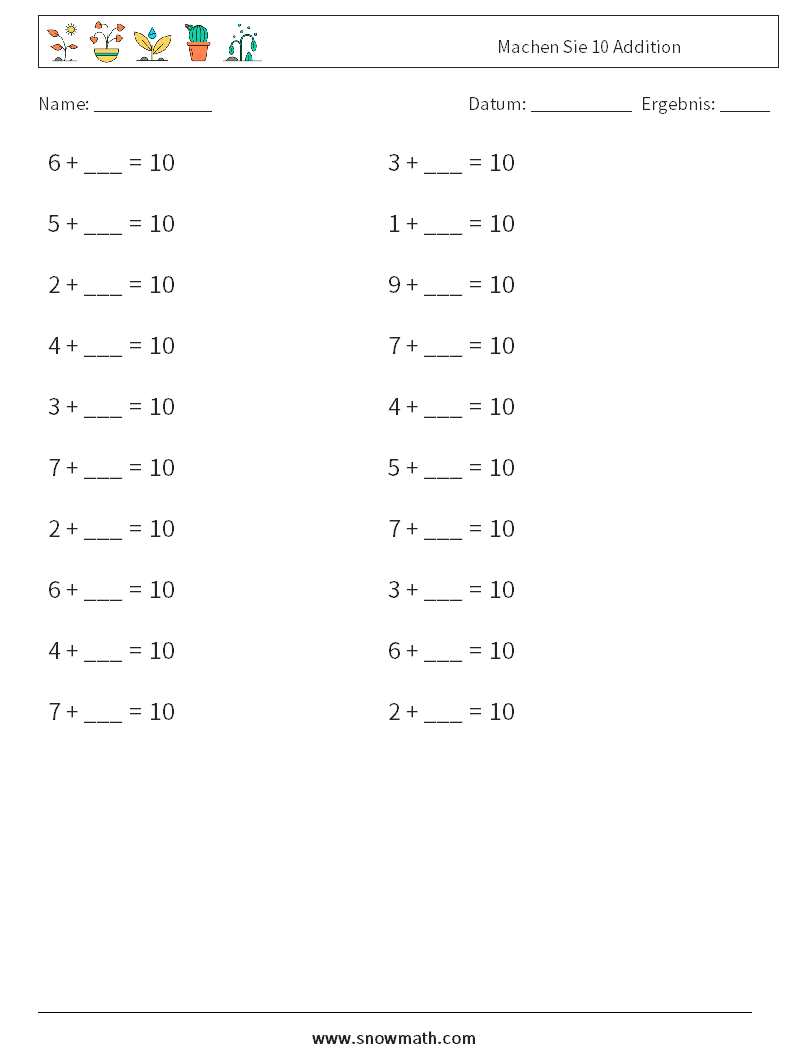 (20) Machen Sie 10 Addition Mathe-Arbeitsblätter 2