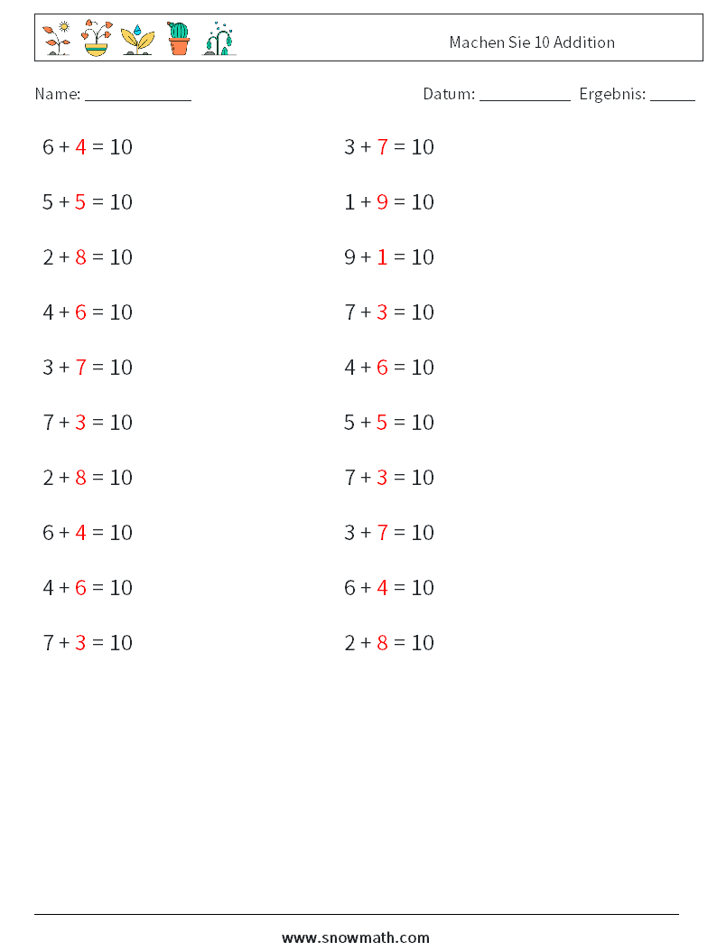 (20) Machen Sie 10 Addition Mathe-Arbeitsblätter 2 Frage, Antwort