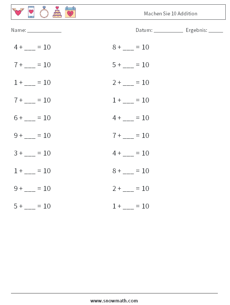 (20) Machen Sie 10 Addition Mathe-Arbeitsblätter 3