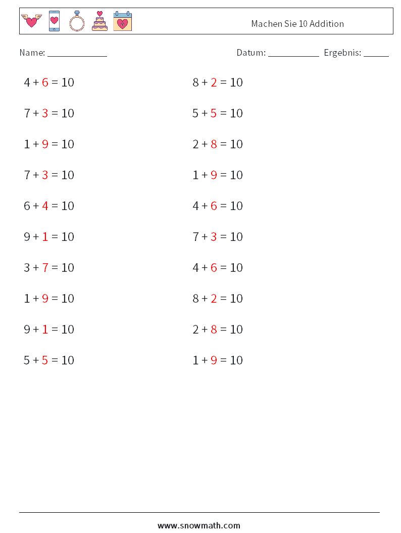 (20) Machen Sie 10 Addition Mathe-Arbeitsblätter 3 Frage, Antwort