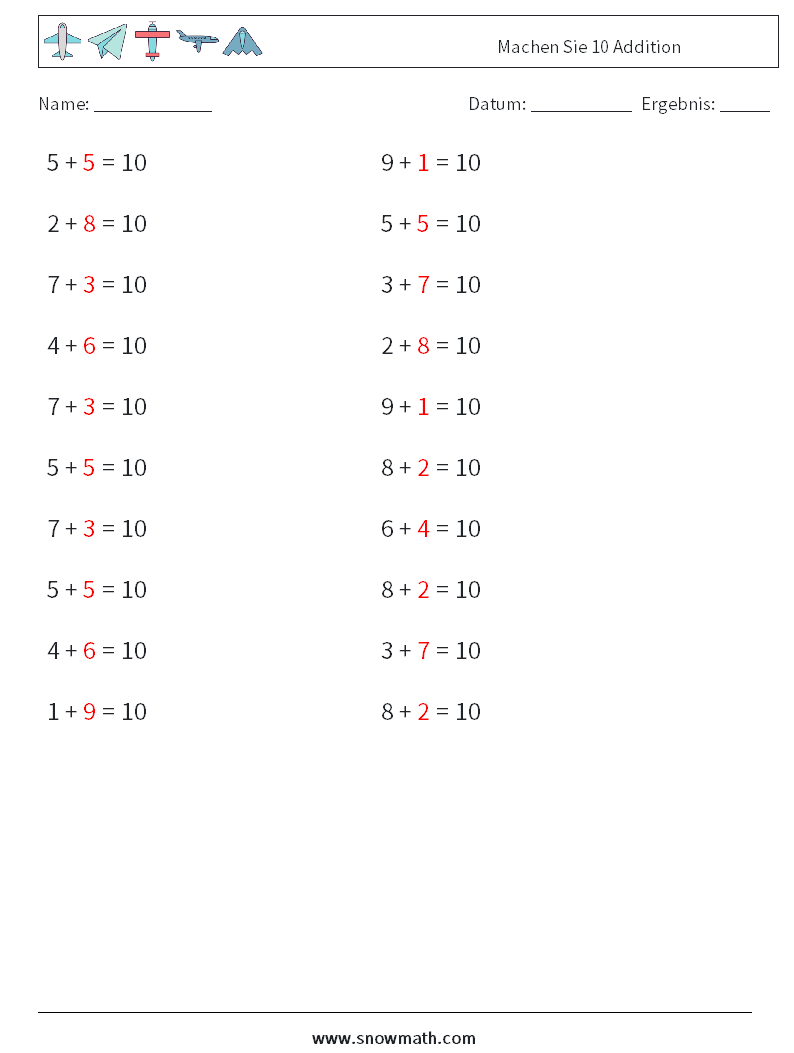 (20) Machen Sie 10 Addition Mathe-Arbeitsblätter 4 Frage, Antwort