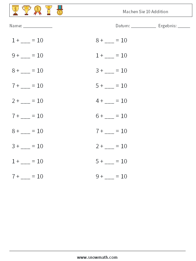 (20) Machen Sie 10 Addition Mathe-Arbeitsblätter 5