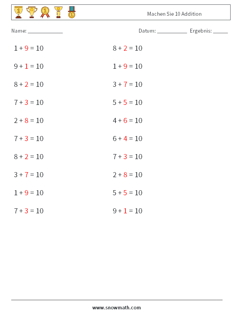 (20) Machen Sie 10 Addition Mathe-Arbeitsblätter 5 Frage, Antwort