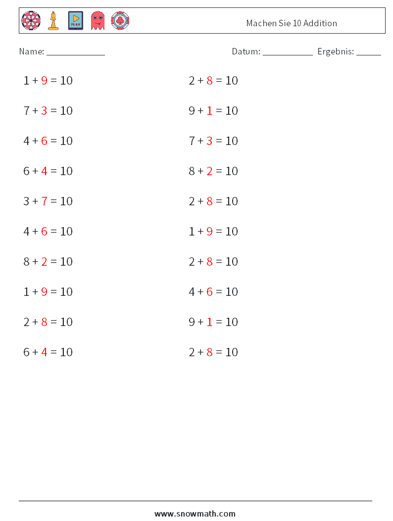 (20) Machen Sie 10 Addition Mathe-Arbeitsblätter 7 Frage, Antwort