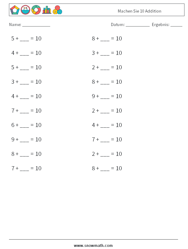 (20) Machen Sie 10 Addition Mathe-Arbeitsblätter 8