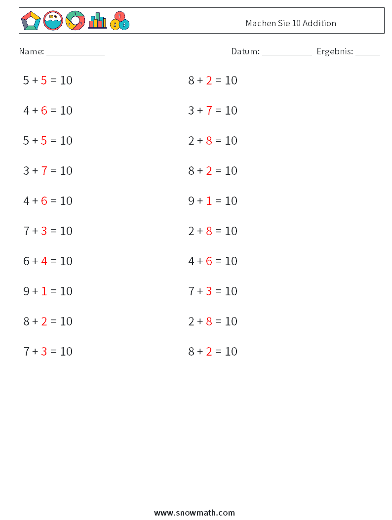 (20) Machen Sie 10 Addition Mathe-Arbeitsblätter 8 Frage, Antwort