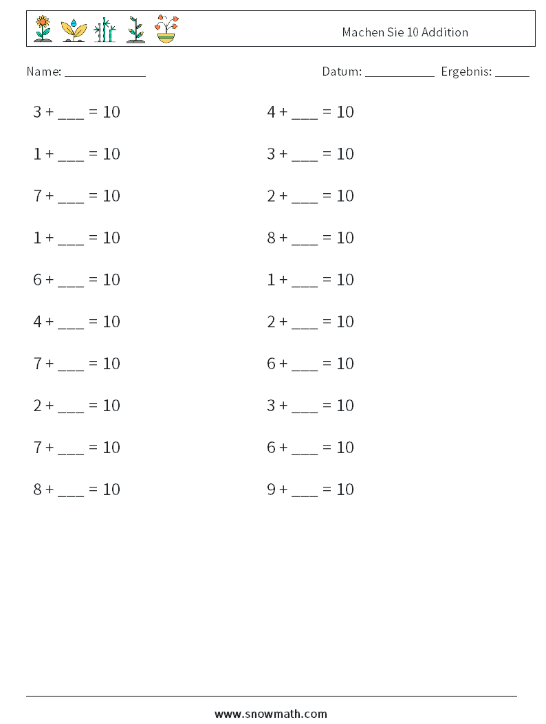 (20) Machen Sie 10 Addition Mathe-Arbeitsblätter 9