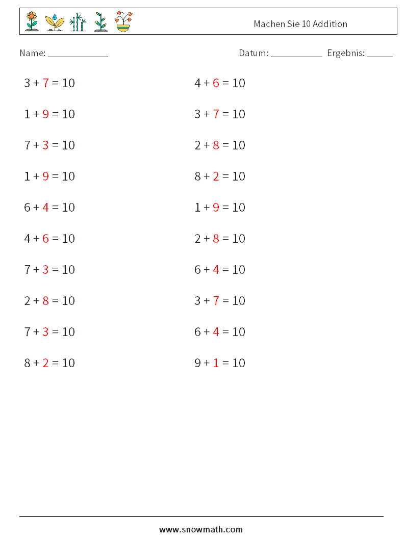 (20) Machen Sie 10 Addition Mathe-Arbeitsblätter 9 Frage, Antwort
